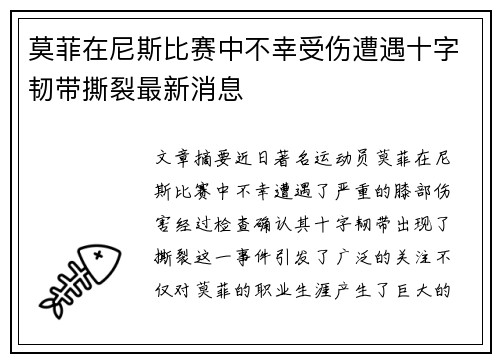 莫菲在尼斯比赛中不幸受伤遭遇十字韧带撕裂最新消息